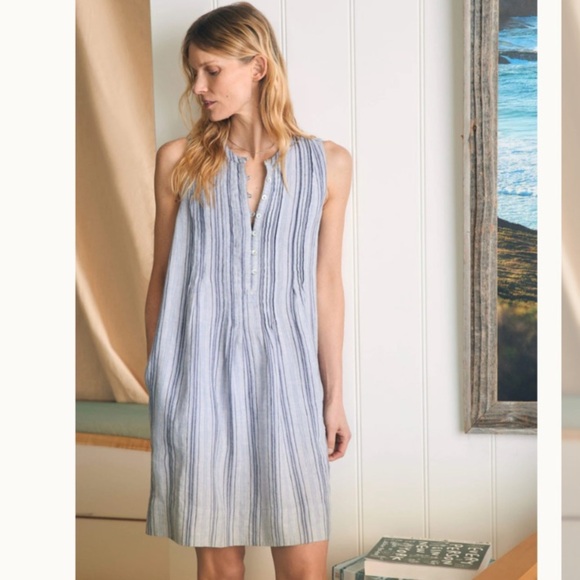 Faherty Isha Linen Dress Day Lily Stripe Blue White Boho Casual Women’s Small - Picture 1 of 12